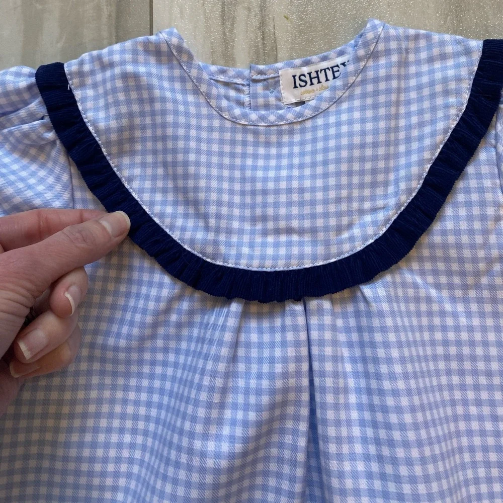NWT Ishtex Blue Check Plaid Shirt with Matching Navy Corduroy Bubble Shorts, 24M